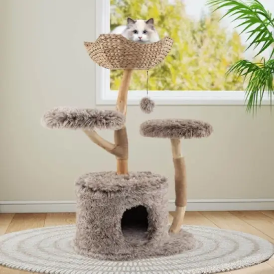 Costway Solid Wood Cat Tree with Well-woven Cattail Basket Luxury Condo Scratching Posts image {3}