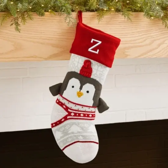 Personalization Mall Winter Penguin Embroidered Initial Knit Christmas Stocking image {1}