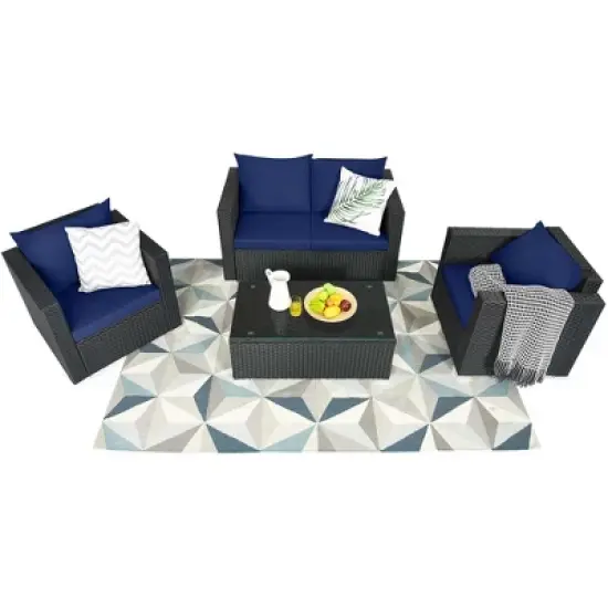 Costway 4 PCS Patio Rattan Furniture Set Cushioned Sofa Chair Coffee Table Blue/Red image {1}