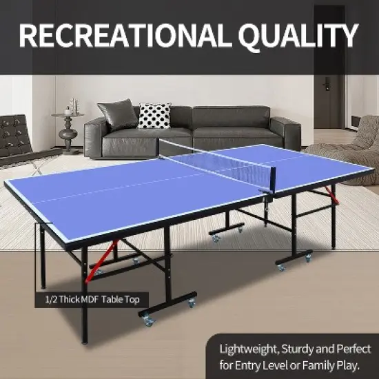 8ft Mid-Size Table Tennis Table Foldable & Portable Ping Pong Table Set for Indoor Games with Net image {3}