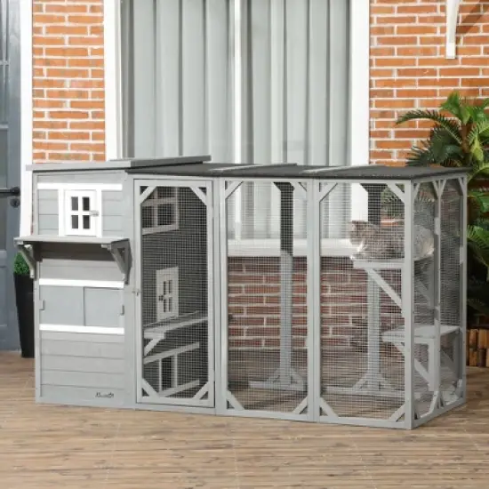 PawHut Large Outside Cat Shelter for 3 Kitties, Multi-Level Design with Big Hiding Areas, Catio Outdoor Cat Enclosure, Cat Condo for Large Cats image {2}