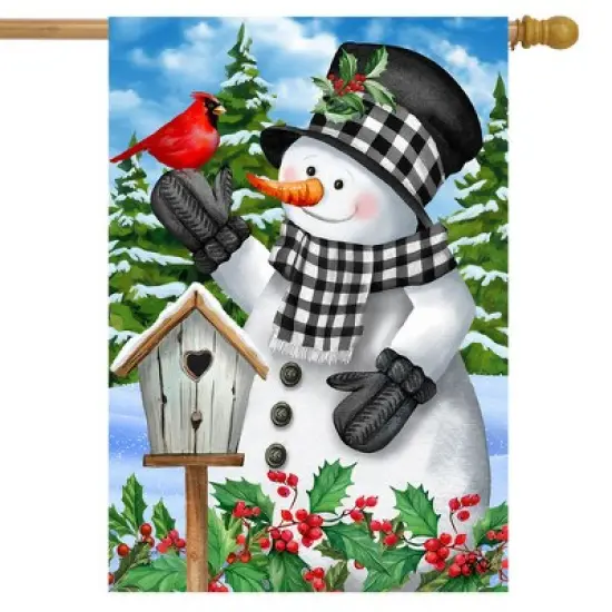 Checkered Snowman Winter House Flag Cardinal Pair Berries 28" x 40" Briarwood Lane image {1}