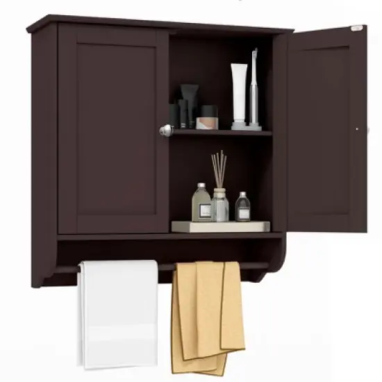 Costway Wall Mounted Bathroom Medicine Cabinet Storage Cupboard with Towel Bar Brown/Grey image {11}