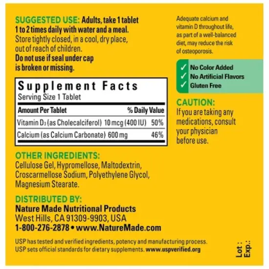 Nature Made Calcium 600 mg with Vitamin D3 Tablets - 60ct image {2}