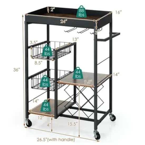 Costway 4-Tier Kitchen Carts  Rolling Serving Trolley Wine Rack Removable Tray Basket image {1}