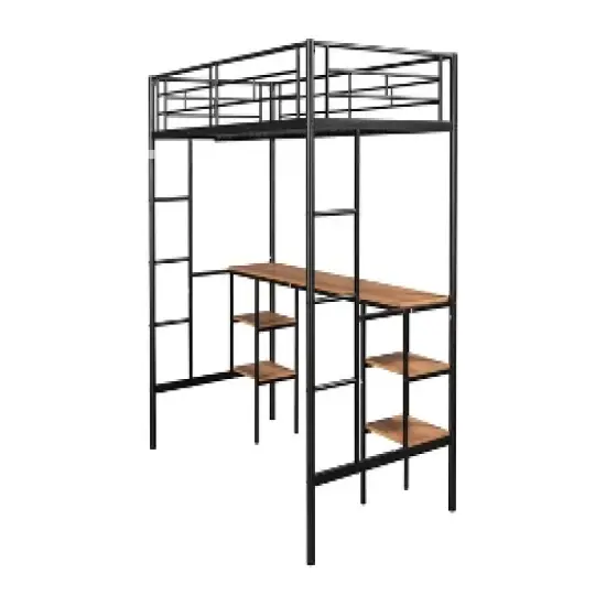 Metal Twin Size Low Loft Bed With Storage Shelf And Table, Black - ModernLuxe image {7}