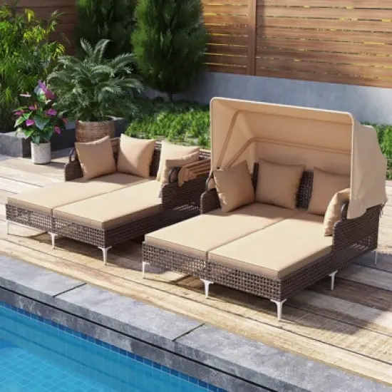Costway Outdoor Rattan Double Daybed with  Retractable Canopy & Seat Back Cushions image {4}