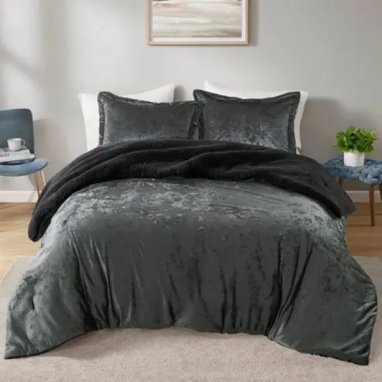 Intelligent Design King/California King Arabella Crushed Velvet Faux Shearling Reversible Comforter Set Black: 3 Piece Bedding Set, Hypoallergenic image {1}
