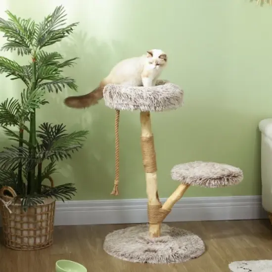 PawHut Cat Tree Tower, 35 Inch Modern Cat Tree for Indoor Adult Cats with Wooden Scratching Posts, Cat Bed & Rope Cat Toy, Brown image {2}