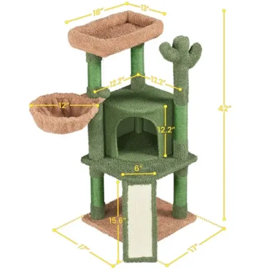 Yaheetech Cactus Cat Tree Cat Tower, with Platform, Condo, Basket, Scratching Posts, Board & Hanging Ball image {2}