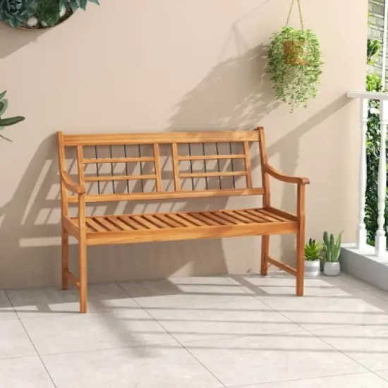 Costway Outdoor Acacia Wood Bench 2-Person Patio Bench with Slatted Seat &  Backrest image {4}