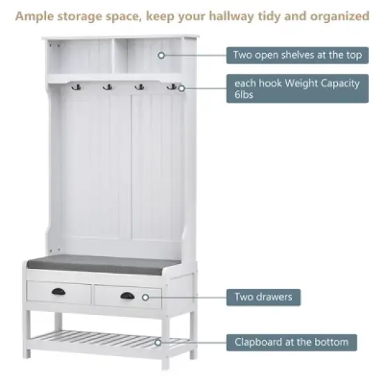 68.9" Multifunctional Hall Tree - Entryway Organizer with Coat Rack, Shoe Storage & 2 Drawers, White image {3}