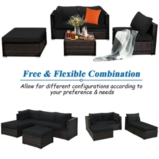 Costway 5PCS Patio Rattan Furniture Set Sectional Conversation Set Ottoman Table image {6}
