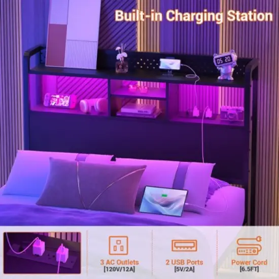 Aheaplus Storage Headboard with Led Lights & Charging Station image {3}