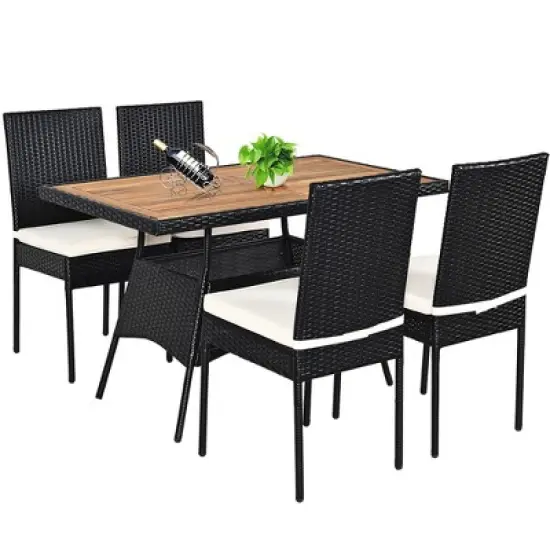 Costway 5 PCS Patio Rattan Furniture Set Wood Top Table Cushioned Chairs Garden Yard Deck image {7}
