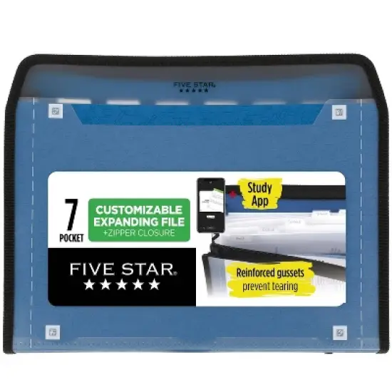 Five Star 7pkt Zipper Expanding File with Study App Pacific Blue: Expandable File Organizer, 7 Compartments, Polypropylene image {7}