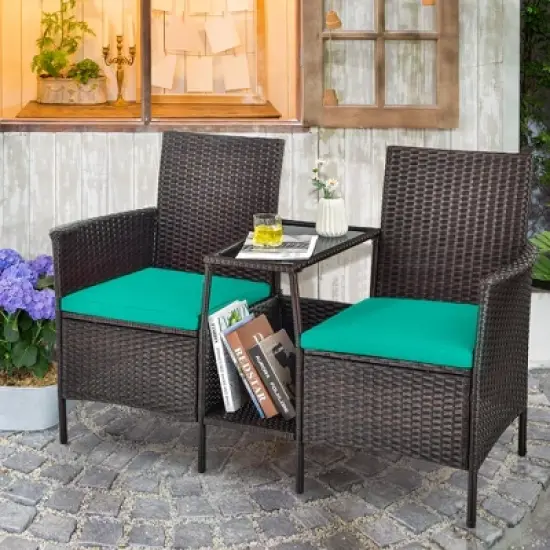 Costway Patio Rattan Wicker Conversation Set Sofa Cushioned Loveseat Glass Table image {10}