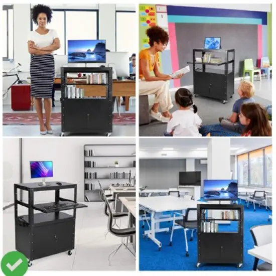 Rolling/Mobile AV Cart w/Locking Cabinet Laptop Stand and Drop Leaves Height Adjustable Mobile Utility Cart Workstation image {6}
