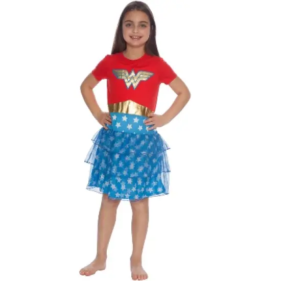 DC Comics Girls Wonder Woman Gold Foil Logo 3 Tiered Costume Pajama Nightgown Multicolored image {3}
