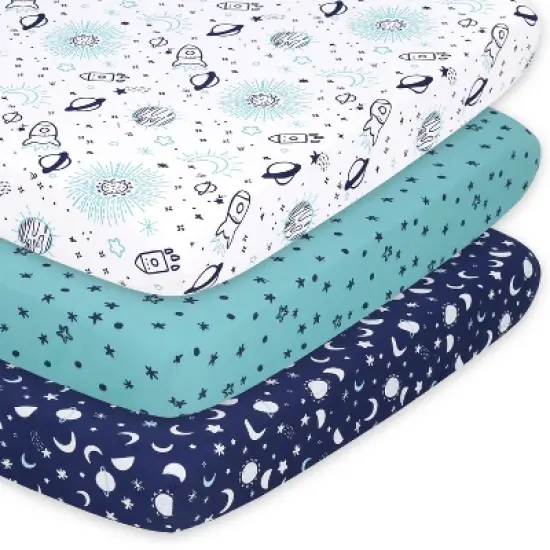 The Peanutshell Mini Crib, Playard Sheets, 3 Pack, Space | Blue, Teal image {7}
