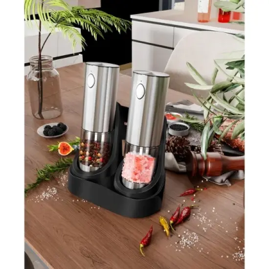SUGIFT Electric Salt and Pepper Grinder Set - Automatic Refillable Salt and Pepper Grinders with Charging Base & LED Light image {1}