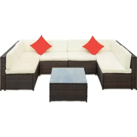 7pc Wicker Patio Sofa Set with Cushions - Brown/Beige - GODEER image {4}