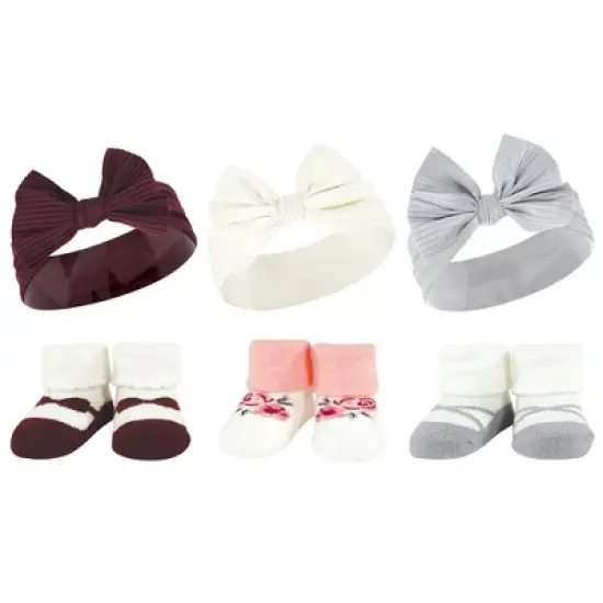 Hudson Baby Infant Girl 12Pc Headband and Socks Giftset, Burgundy Gray Pink Taupe, One Size image {1}