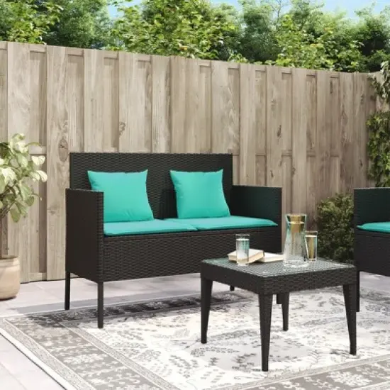 vidaXL Outdoor Loveseat Bench - Black PE Rattan, Padded Blue Cushions, Storage Under-Seat, Weather-Resistant, Garden/Patio Furniture, 44.5"x24"x34.3" image {2}