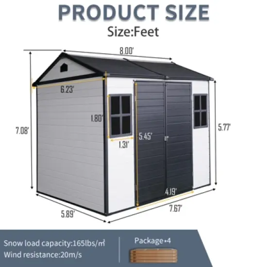 96.00"8 x 6ft Resin Outdoor Storage Shed Waterproof Shed with Floor & Two Windows & Lockable Door, Tool Shed for Garden,Black image {3}