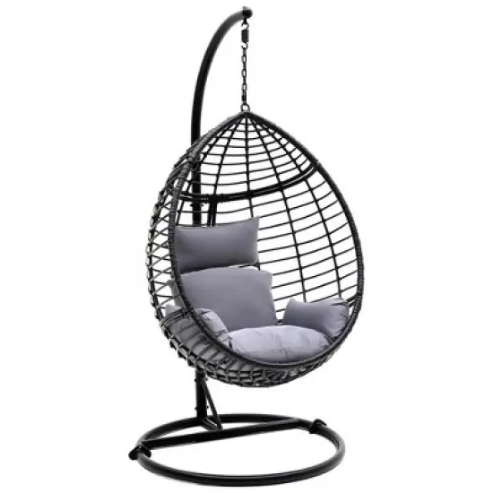 SereneLife Wicker Rattan Swing Chair with Cushion - Gray image {8}