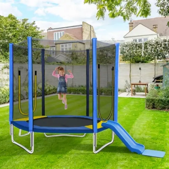 JOYRACER 7FT Round Outdoor Trampoline with Safety Enclosure Net and Slide for Children, Easy-to-Assemble Trampoline image {4}