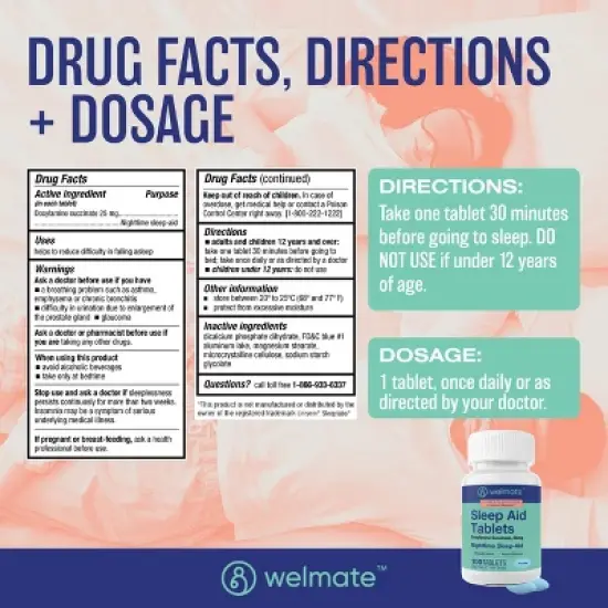 Welmate Sleep Aid |Doxylamine Succinate 25mg | 100 Count Extended-Release Tablets image {5}