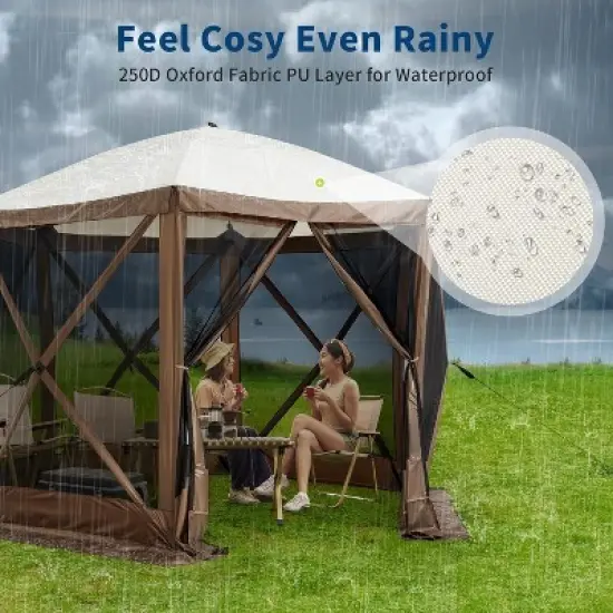 Hexagonal Pop-up Canopy Shelter Shade Tent with Mosquito Netting & Carry Bag, Portable Gazebo Tent for Camping Backyard Garden, Brown 11.5*11.5FT image {5}