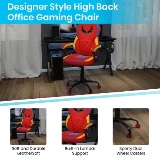 Emma and Oliver Faux Leather Ergonomic Designer Back Gamer Chair with Diamond Stitch, Lumbar Support & Padded Arms in Red, Blue & Yellow image {6}