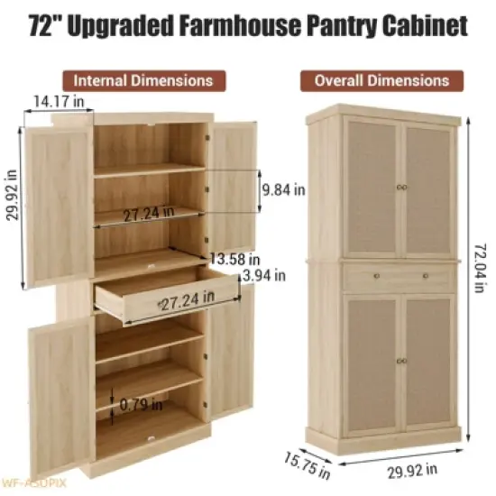72" Farmhouse Kitchen Pantry Cabinet with 4 Doors, Adjustable Shelves & Drawer image {2}