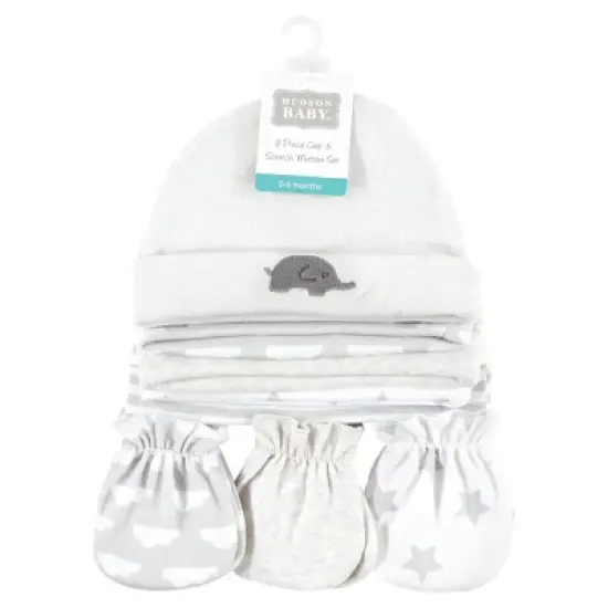 Hudson Baby Unisex Baby Cotton Cap and Scratch Mitten Set, Neutral Elephant, 0-6 Months image {1}