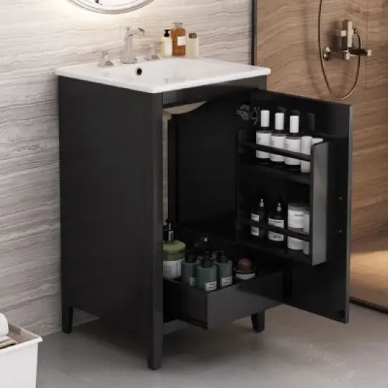 Christopher Knight Home Alonzo Modern 20" Bathroom Vanity with Ceramic Sink, Shelf and Drawer image {2}