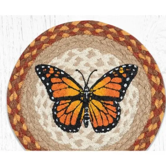 Earth Rugs Round Trivet &ndash; 10"x10" Monarch Butterfly Printed Braided Jute Mat in Natural Botanical Garden Style image {2}