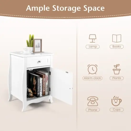 Costway Nightstand with Drawer Cabinet Curved Legs Sofa Side End Accent Table White image {5}