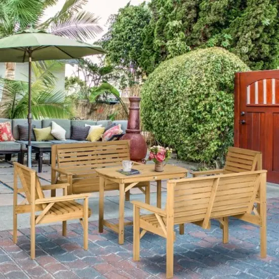 Outsunny 5 Piece Patio Furniture, 6 Seat Outdoor Dining Set, Natural Wood Dinner Table, 2 Chairs, Loveseats with Armrests & Umbrella Hole, Light Brown image {1}