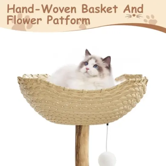Large Basket,Multi-Level Cat Tree, Scratching Posts and Real Branch Design, Dangling Ball,and Extended Platform image {4}