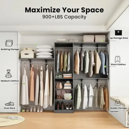 SEVOBAL Freestanding Coat Racks 6 Shelves and 3 Rods Heavy-Duty Wood Closet Organizer System， Adjustable Storage for Using, Gray, 15.8"*96.1"*75" image {1}