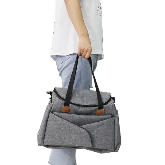 Gray and Black Multi-Compartment Diaper Bag with Changing Pad image {6}
