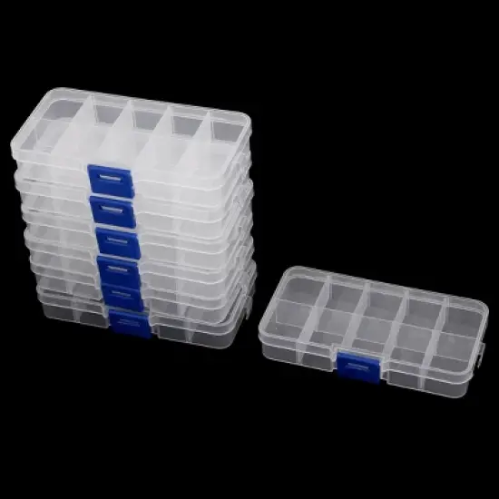 PiccoCasa 10 Sections Sundries Jewelry Screws Holder Storage Box Plastic Desk Drawer 5" x 2.6" x 0.9" Blue Clear 7 Pcs image {1}