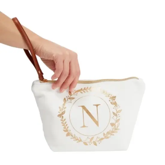 Glamlily Gold Initial N Personalized Makeup Bag for Women, Monogrammed Canvas Cosmetic Pouch (White, 10 x 3 x 6 In) image {1}