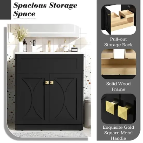 30'' Modern Bathroom Vanity with Ceramic Sink, Freestanding Storage Cabinet with Soft-Closing Doors & Gold Handles, White/Black - ModernLuxe image {3}