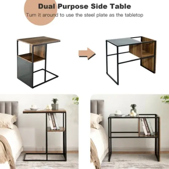 Costway C Shape Sofa Side End Table Reversible Snack Table Nightstand Steel Frame Oak image {7}