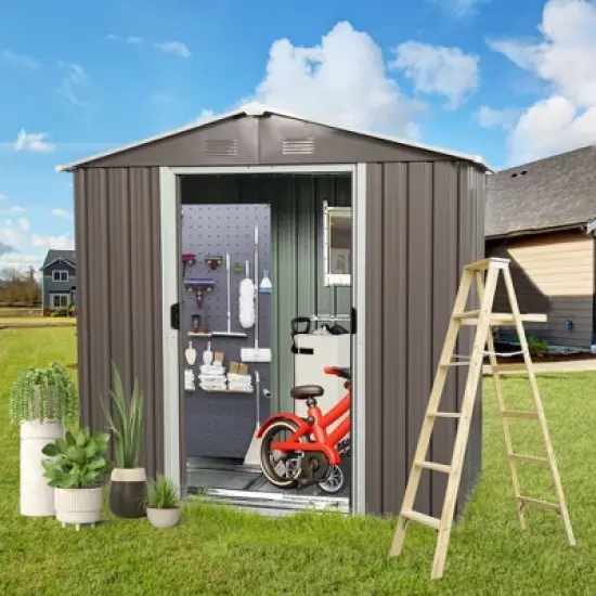 8ft x 4ft Outdoor Metal Storage Shed With window and metal foundation,Gray image {10}