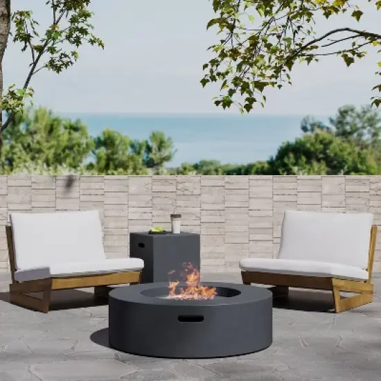 Christopher Knight Home Sherwood Outdoor Acacia Wood Club Chairs with Cushions and Circular Fire Pit image {13}