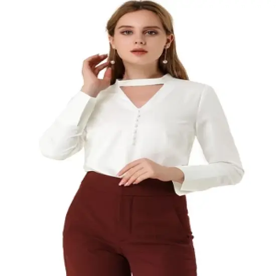 Allegra K Women's Keyhole Stand Collar Blouse Long Sleeve Button Front Work Blouses image {6}